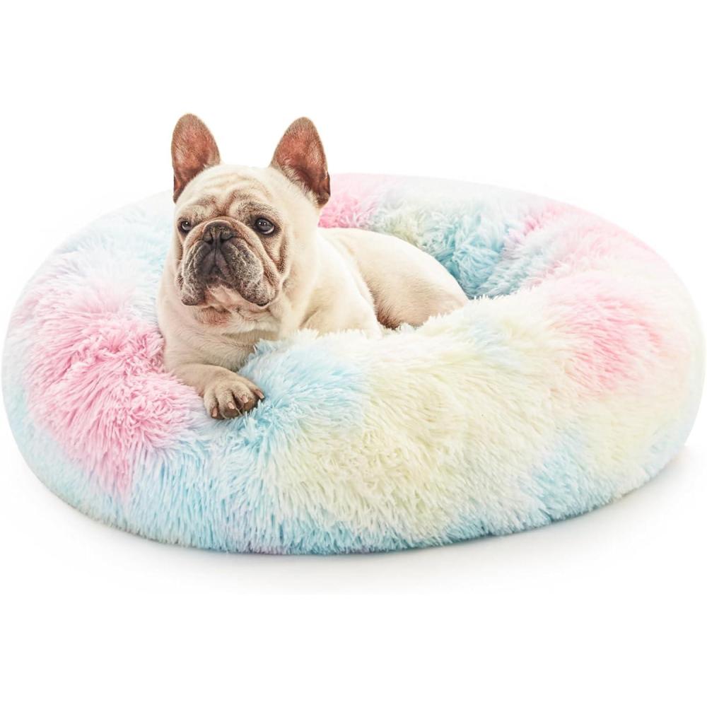 imageLoves cabin Calming Cat Bed for Indoor Cats AntiAnxiety Donut Round Dog Bed Fluffy Faux Fur Washable Pet Bed for Small Medium Dogs and CatsGrey20inRainbow