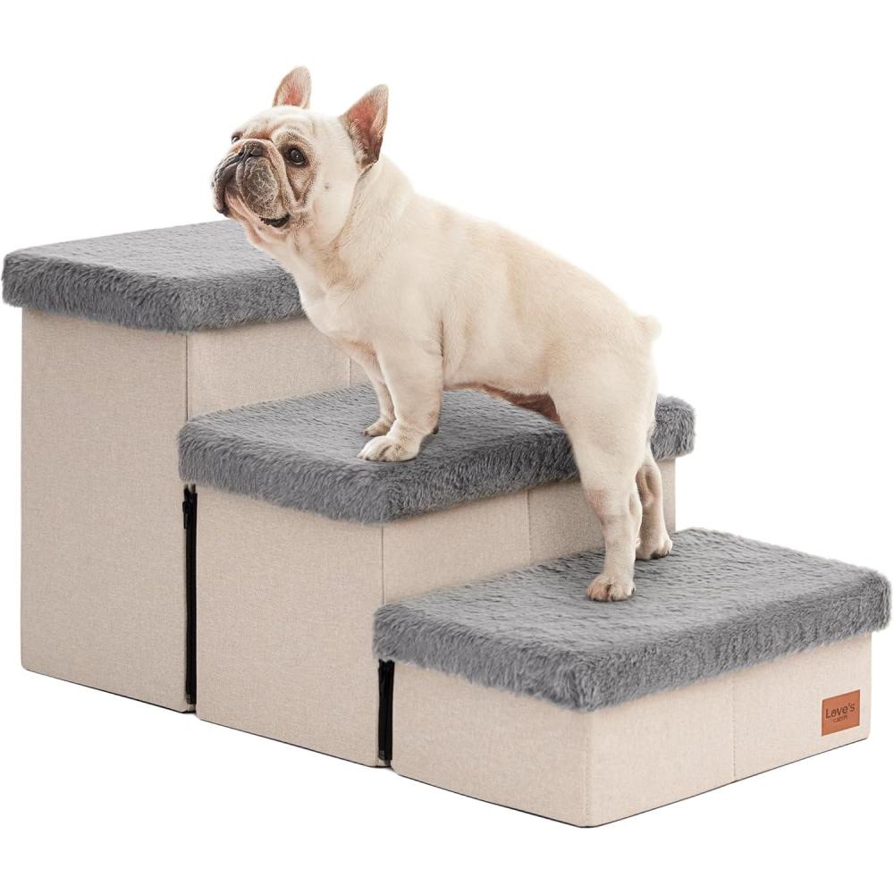 imageLoves cabin Dog Stairs for High Bed 18quotHFoldable Pet Stairs for Small Medium or Large Dogs Puppy with Storage for Bed or Couch Cat Dog Steps Ramp with Zip up to 200 lbsSolid Grey3 Steps no CondoGrey Furry Lid