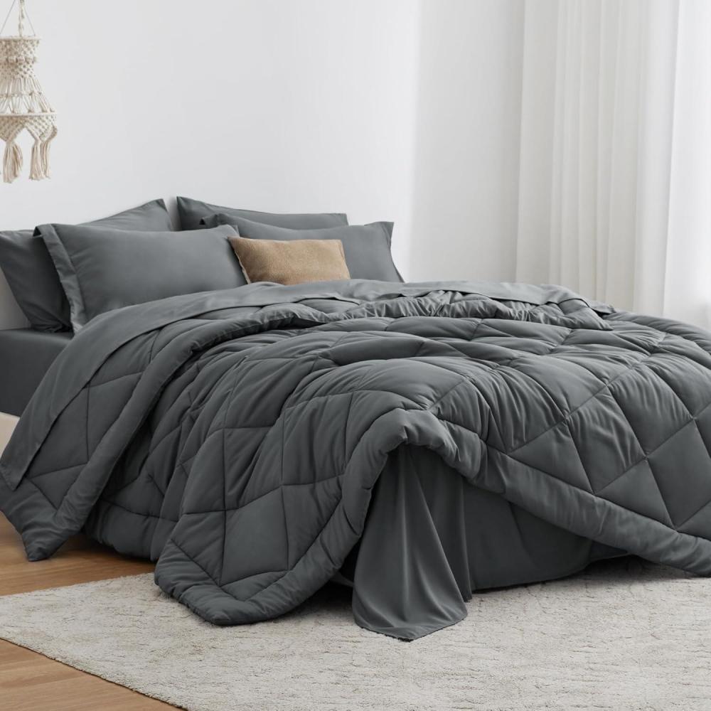 imageLoves cabin Full Comforter Set Black 7 Pieces Full Bed in a Bag All Season Bedding Sets with 1 Comforter 1 Flat Sheet 1 Fitted Sheet 2 Pillowcase and 2 Pillow ShamDark Grey