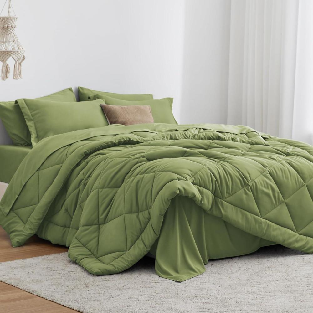 imageLoves cabin Full Comforter Set Black 7 Pieces Full Bed in a Bag All Season Bedding Sets with 1 Comforter 1 Flat Sheet 1 Fitted Sheet 2 Pillowcase and 2 Pillow ShamOlive Green