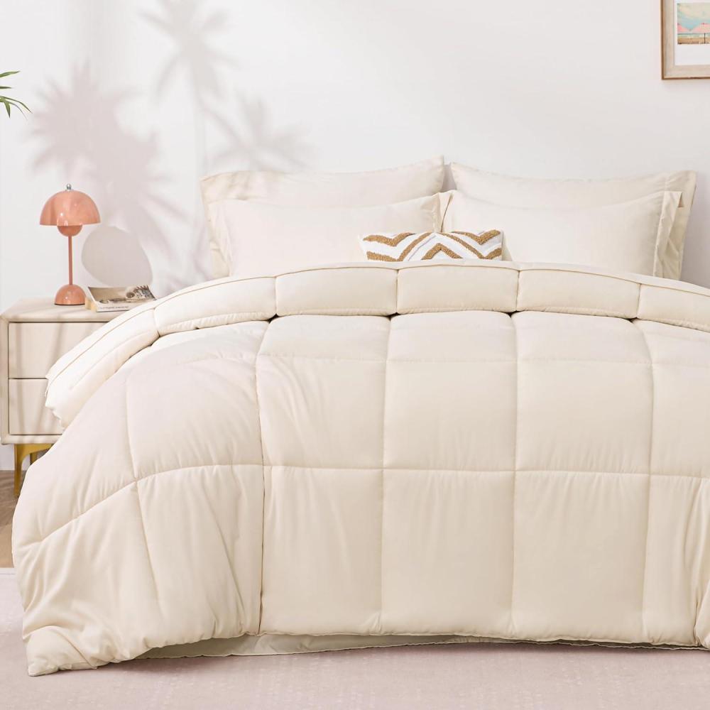 imageLoves cabin Full Comforter Set Black 7 Pieces Full Bed in a Bag All Season Bedding Sets with 1 Comforter 1 Flat Sheet 1 Fitted Sheet 2 Pillowcase and 2 Pillow ShamBeige