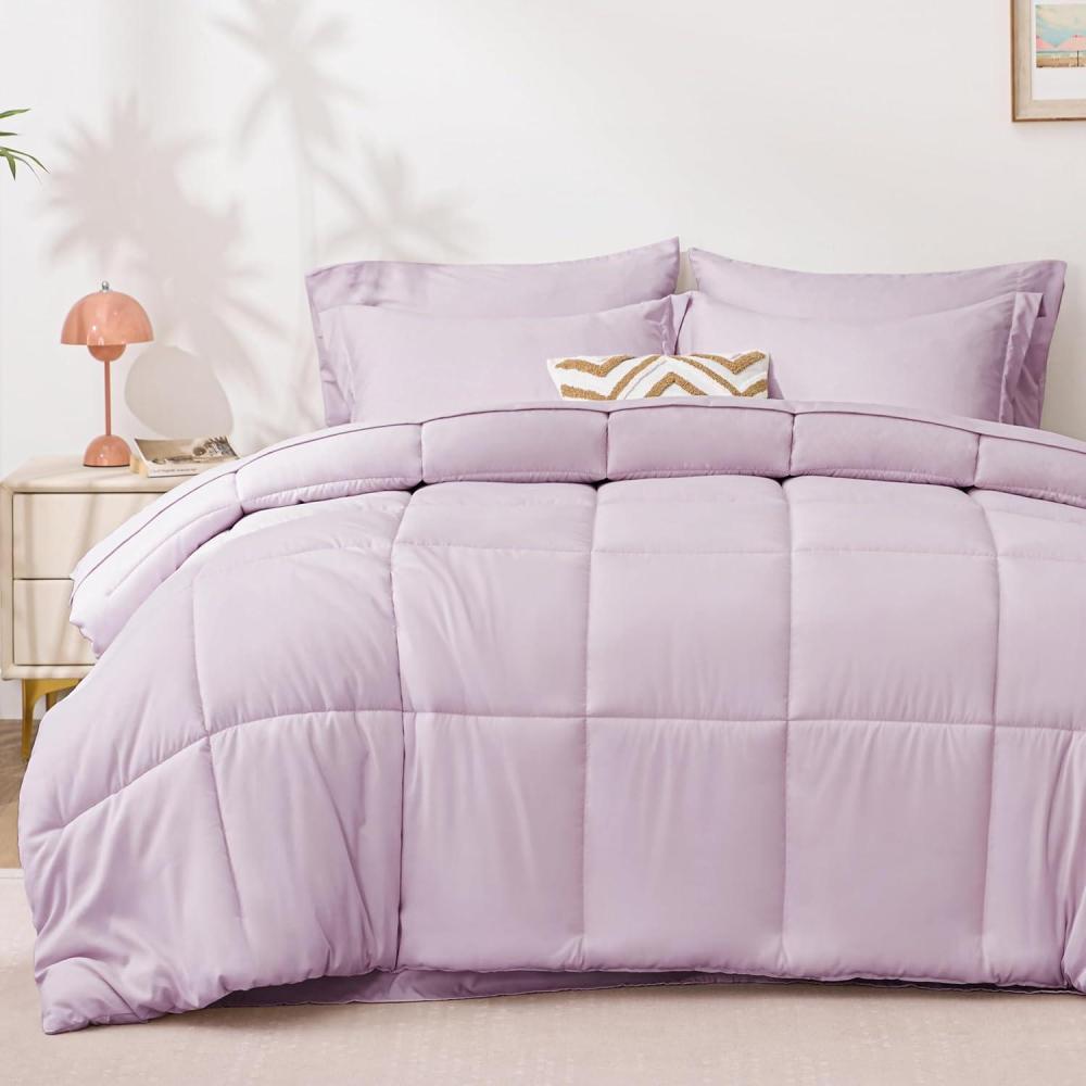 imageLoves cabin Full Comforter Set Black 7 Pieces Full Bed in a Bag All Season Bedding Sets with 1 Comforter 1 Flat Sheet 1 Fitted Sheet 2 Pillowcase and 2 Pillow ShamLight Purple