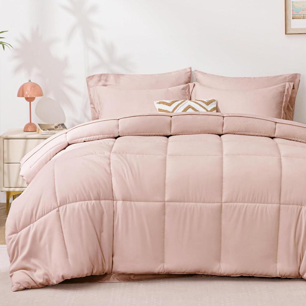 imageLoves cabin Full Comforter Set Black 7 Pieces Full Bed in a Bag All Season Bedding Sets with 1 Comforter 1 Flat Sheet 1 Fitted Sheet 2 Pillowcase and 2 Pillow ShamBlush Pink