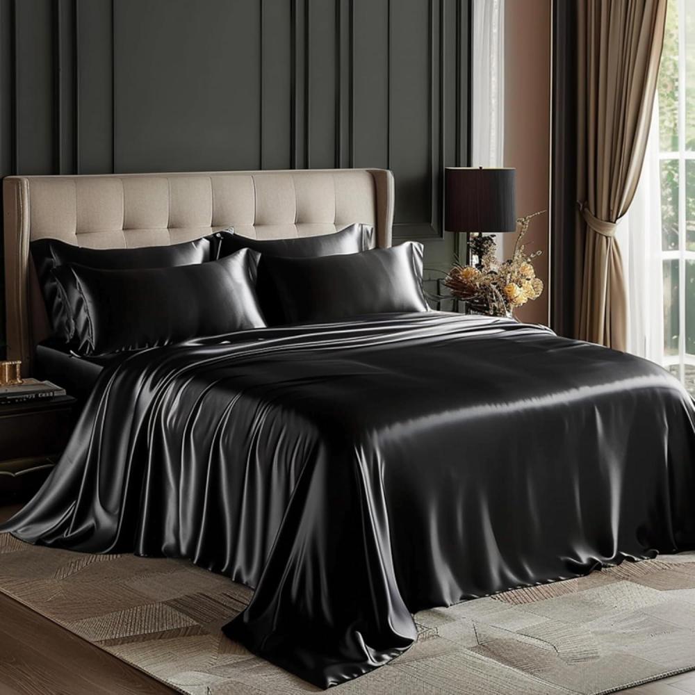 imageLoves cabin Full Size Satin Sheet Sets  4 Piece Beige Silky Sheet Set with Deep Pocket Luxury Silk Feel Satin Sheets Full Bedding Set 1 Flat Sheet1 Fitted Sheet2 Pillow CasesBlack