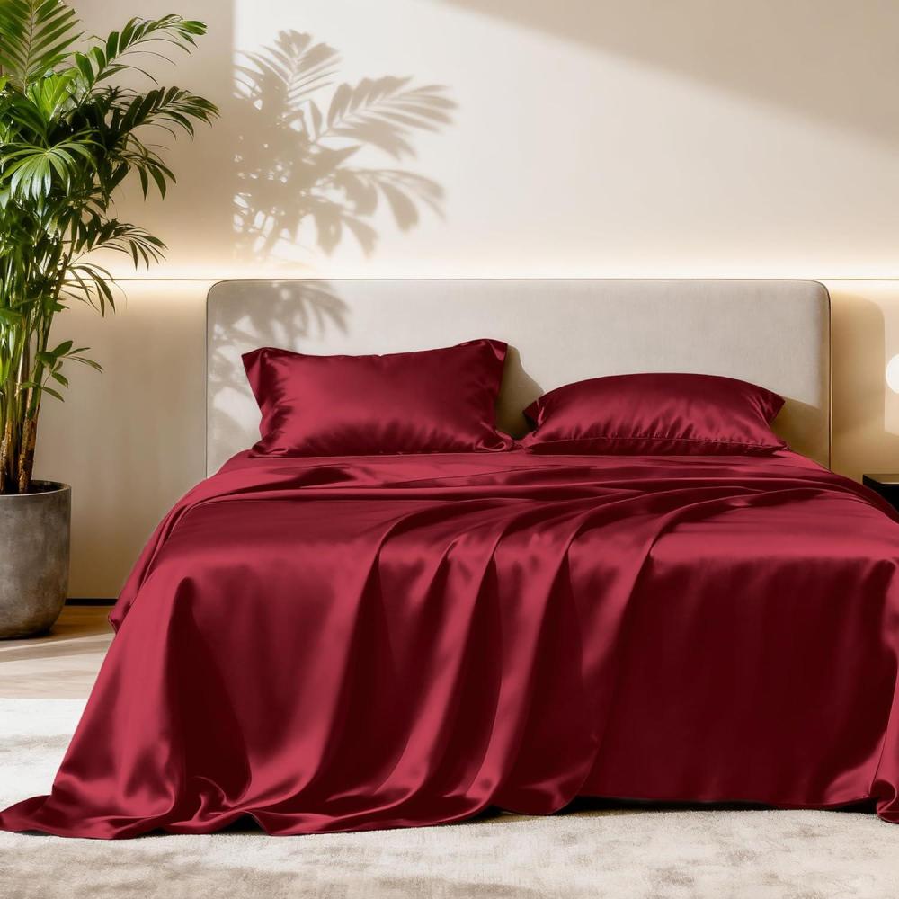 imageLoves cabin Full Size Satin Sheet Sets  4 Piece Beige Silky Sheet Set with Deep Pocket Luxury Silk Feel Satin Sheets Full Bedding Set 1 Flat Sheet1 Fitted Sheet2 Pillow CasesBurgundy