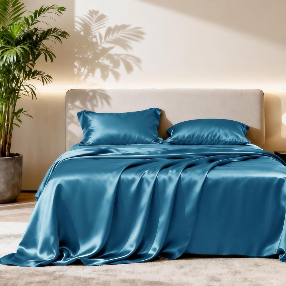 imageLoves cabin Full Size Satin Sheet Sets  4 Piece Beige Silky Sheet Set with Deep Pocket Luxury Silk Feel Satin Sheets Full Bedding Set 1 Flat Sheet1 Fitted Sheet2 Pillow CasesTeal