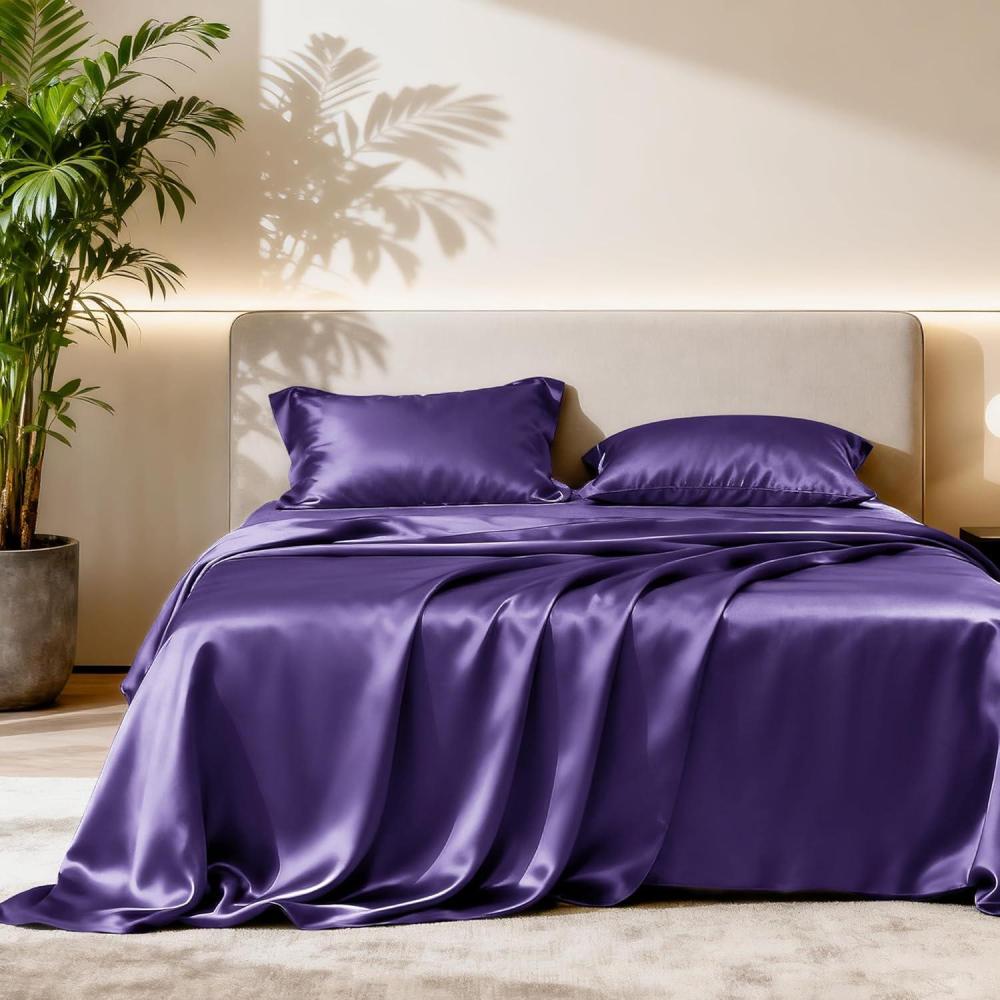 imageLoves cabin Full Size Satin Sheet Sets  4 Piece Beige Silky Sheet Set with Deep Pocket Luxury Silk Feel Satin Sheets Full Bedding Set 1 Flat Sheet1 Fitted Sheet2 Pillow CasesPurple