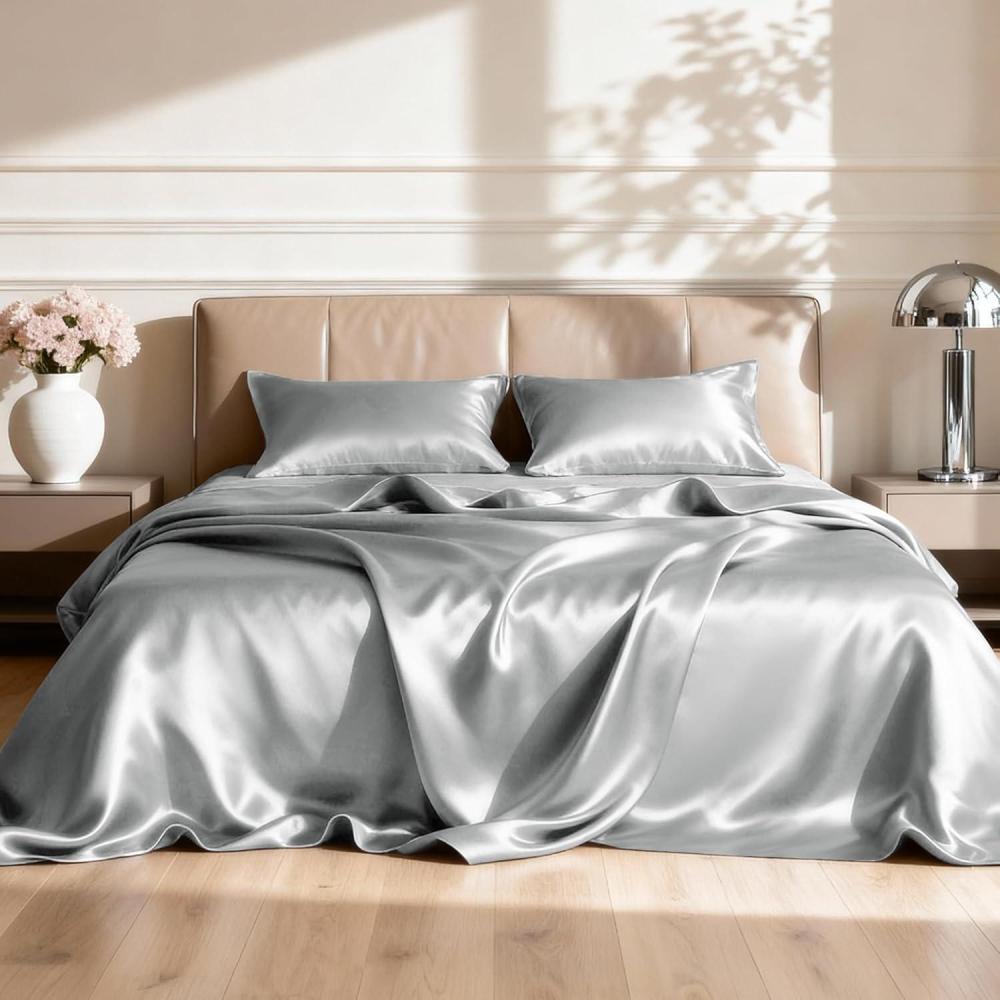 imageLoves cabin Full Size Satin Sheet Sets  4 Piece Beige Silky Sheet Set with Deep Pocket Luxury Silk Feel Satin Sheets Full Bedding Set 1 Flat Sheet1 Fitted Sheet2 Pillow CasesSilver