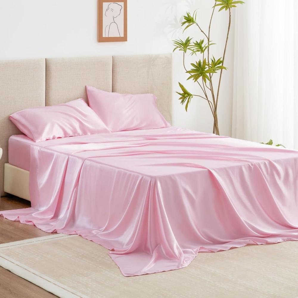 imageLoves cabin Full Size Satin Sheet Sets  4 Piece Beige Silky Sheet Set with Deep Pocket Luxury Silk Feel Satin Sheets Full Bedding Set 1 Flat Sheet1 Fitted Sheet2 Pillow CasesPink