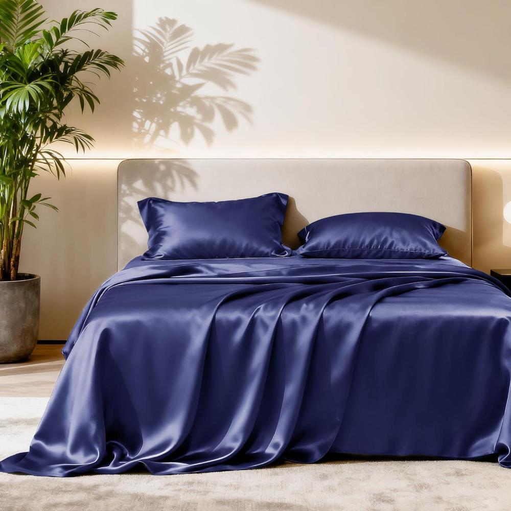 imageLoves cabin Full Size Satin Sheet Sets  4 Piece Beige Silky Sheet Set with Deep Pocket Luxury Silk Feel Satin Sheets Full Bedding Set 1 Flat Sheet1 Fitted Sheet2 Pillow CasesNavy