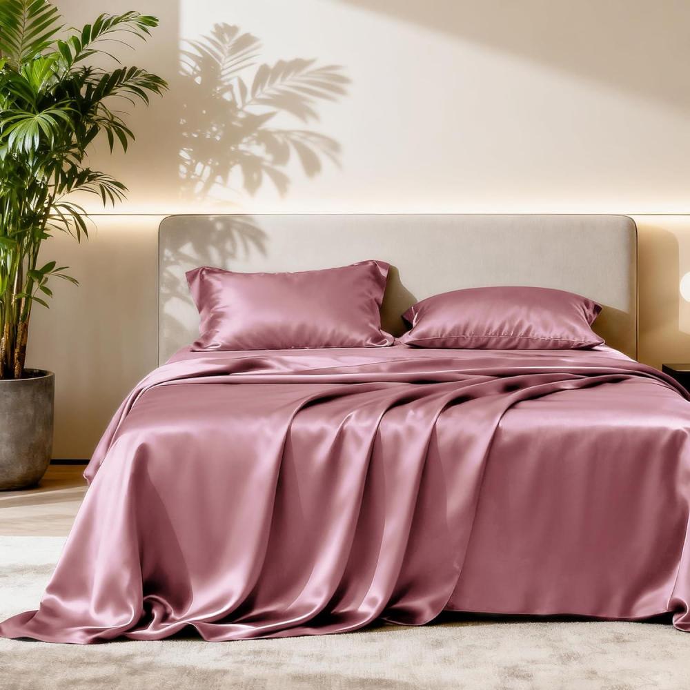 imageLoves cabin Full Size Satin Sheet Sets  4 Piece Beige Silky Sheet Set with Deep Pocket Luxury Silk Feel Satin Sheets Full Bedding Set 1 Flat Sheet1 Fitted Sheet2 Pillow CasesRose Taupe