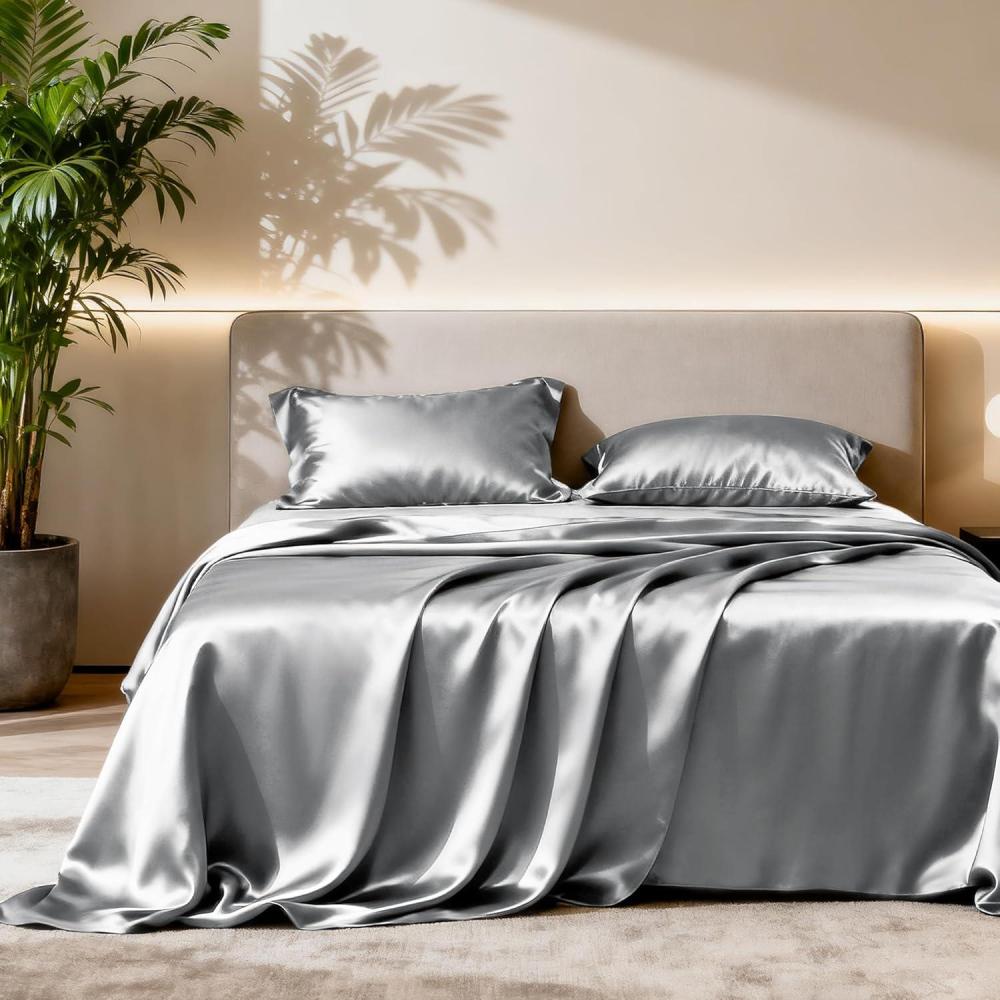 imageLoves cabin Full Size Satin Sheet Sets  4 Piece Beige Silky Sheet Set with Deep Pocket Luxury Silk Feel Satin Sheets Full Bedding Set 1 Flat Sheet1 Fitted Sheet2 Pillow CasesDark Grey
