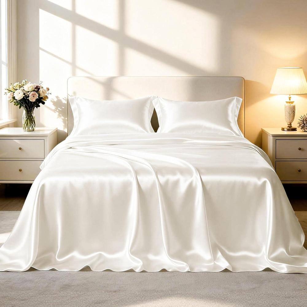imageLoves cabin Full Size Satin Sheet Sets  4 Piece Beige Silky Sheet Set with Deep Pocket Luxury Silk Feel Satin Sheets Full Bedding Set 1 Flat Sheet1 Fitted Sheet2 Pillow CasesIvory