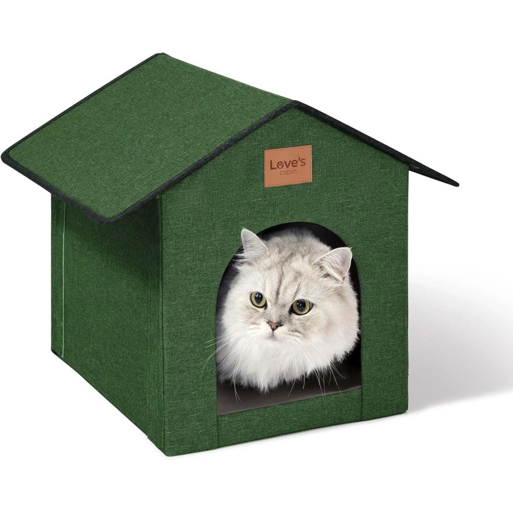 imageLoves cabin Outdoor Cat House Weatherproof Insulated Feral Cat House Outdoor for Winter Waterproof Outside House for Indoor Cats Shelter with Removable Soft CushionGreyGreen