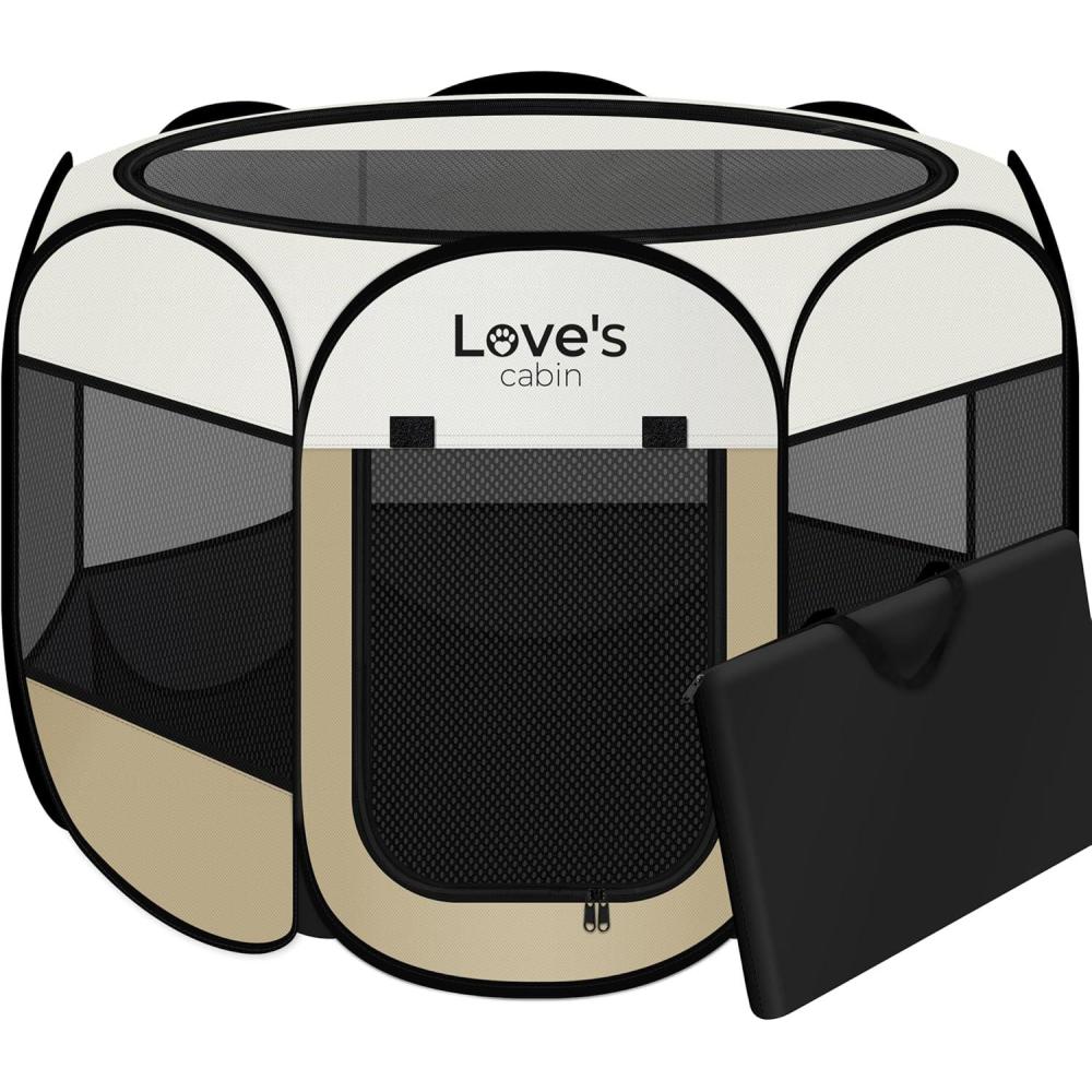 imageLoves cabin Pet Puppy Dog Playpen Small Dog Tent Crates Cage IndoorOutdoor Portable Playpen for Cat Foldable Pop Up Dog Kennel Playpen with Carring Case Removable Zipper Top GreyKhaki