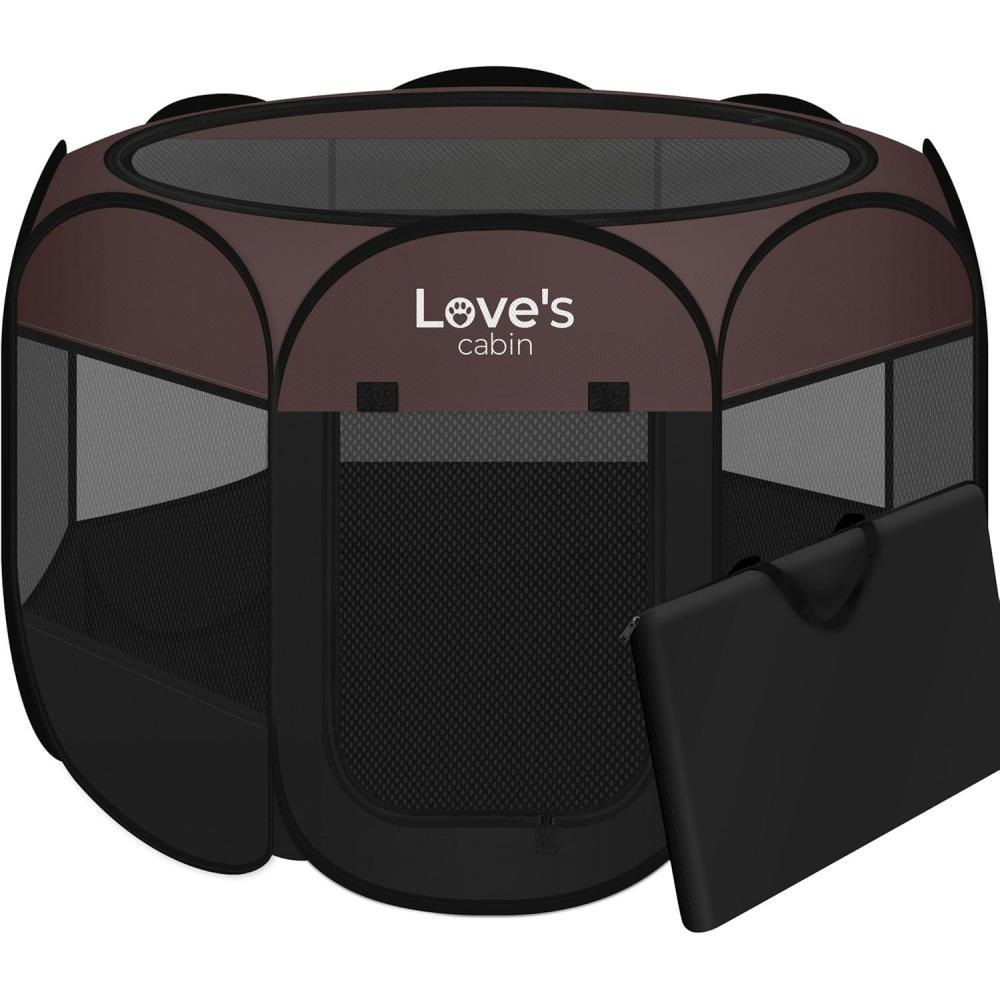 imageLoves cabin Pet Puppy Dog Playpen Small Dog Tent Crates Cage IndoorOutdoor Portable Playpen for Cat Foldable Pop Up Dog Kennel Playpen with Carring Case Removable Zipper Top GreyBrown