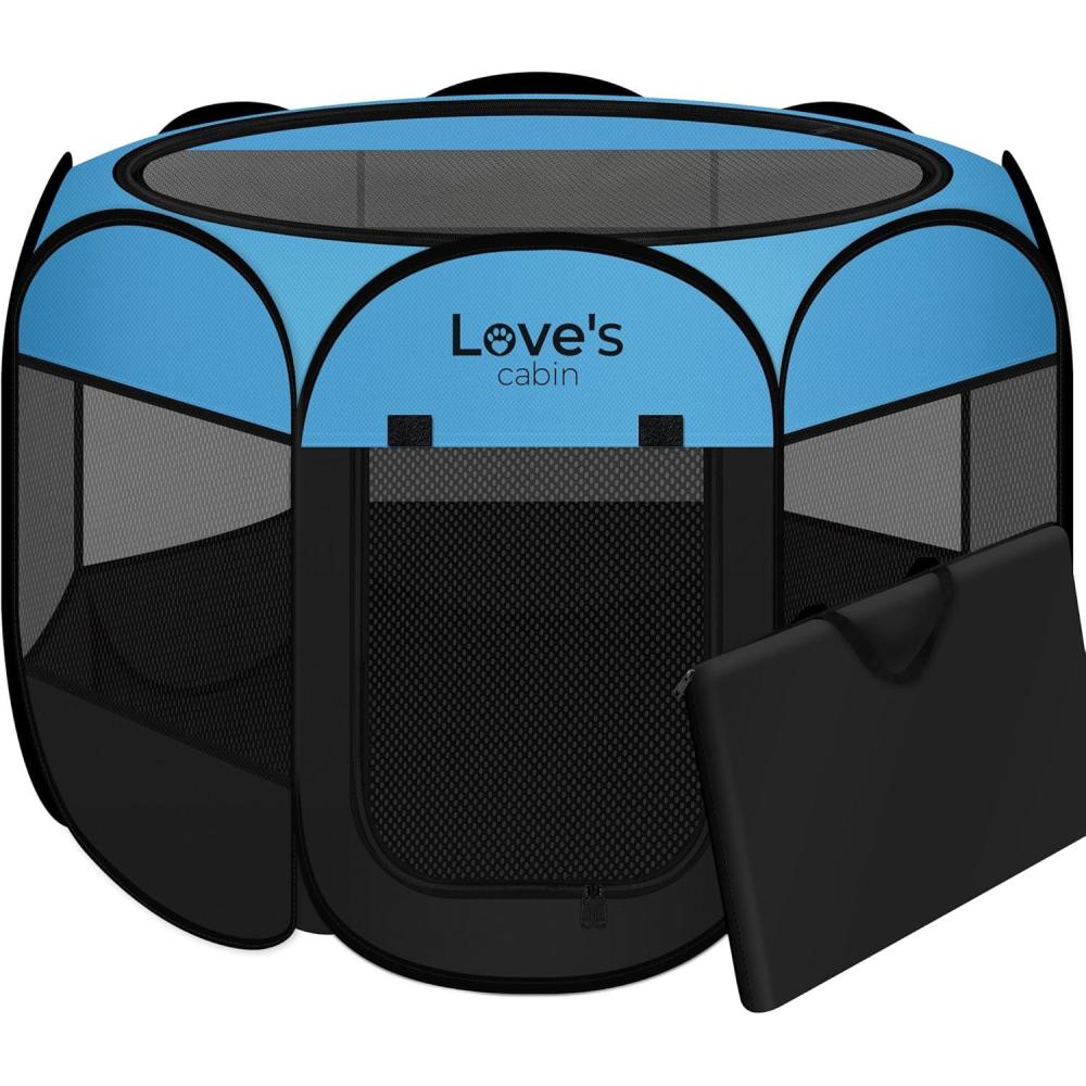 imageLoves cabin Pet Puppy Dog Playpen Small Dog Tent Crates Cage IndoorOutdoor Portable Playpen for Cat Foldable Pop Up Dog Kennel Playpen with Carring Case Removable Zipper Top GreyBlue