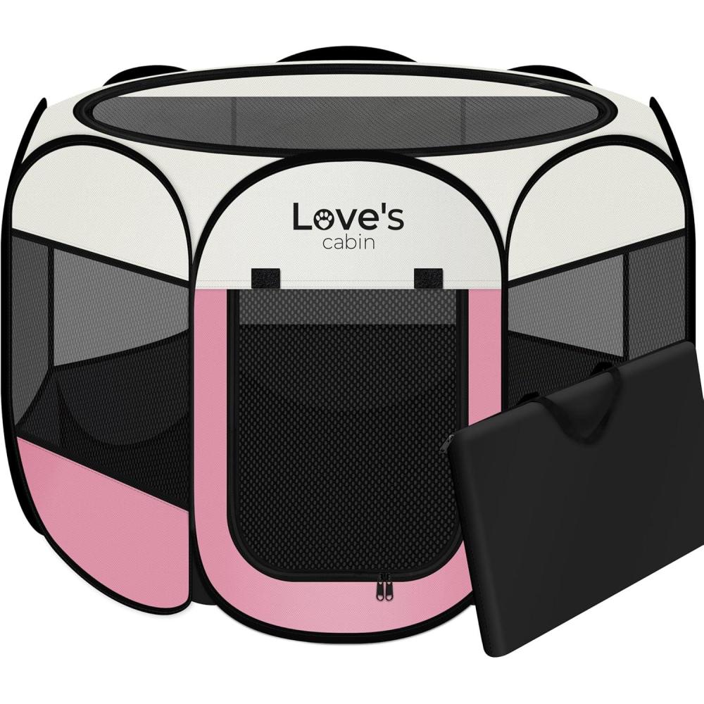 imageLoves cabin Pet Puppy Dog Playpen Small Dog Tent Crates Cage IndoorOutdoor Portable Playpen for Cat Foldable Pop Up Dog Kennel Playpen with Carring Case Removable Zipper Top GreyLight Pink