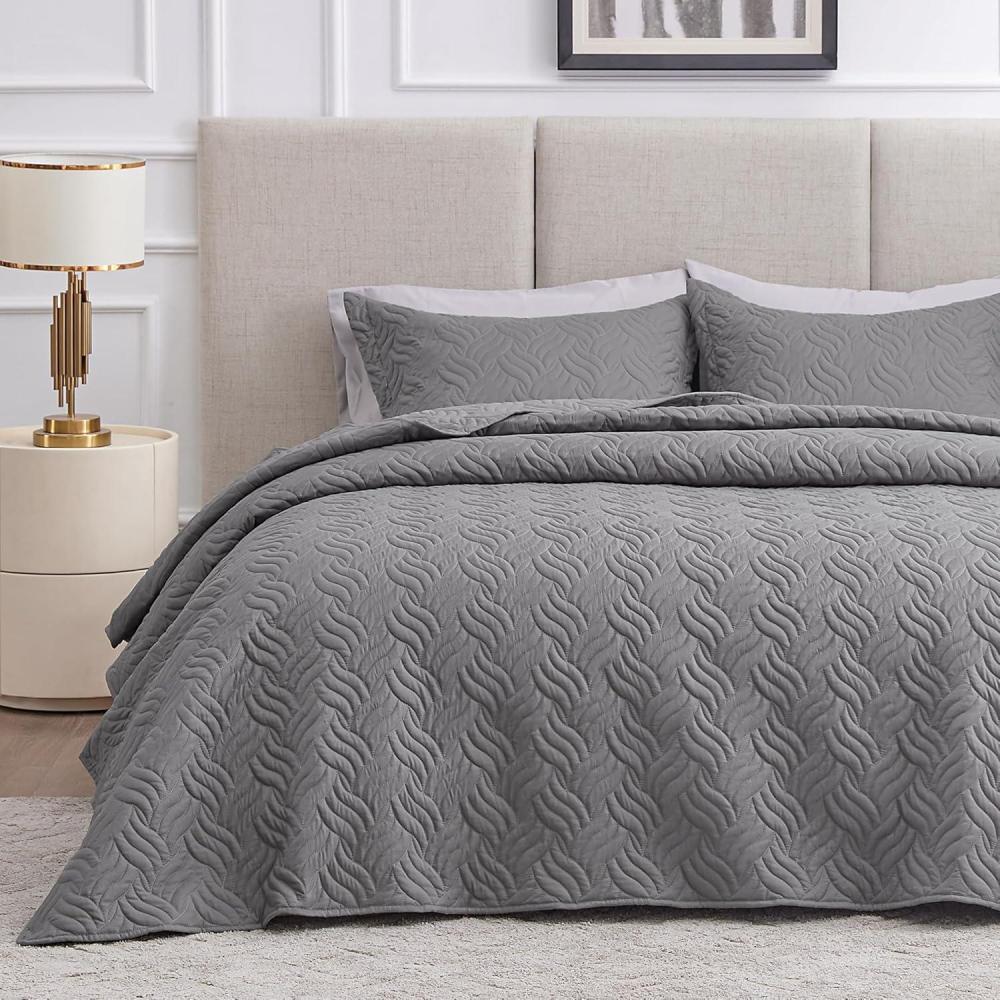imageLoves cabin Quilts for Queen Bed Olive Green Bedspreads  Soft Bed Summer Lightweight Bedspread Comforter  Modern Style Coin Pattern Coverlet for All Season  3 Pieces 1 Quilt 2 Pillow ShamsWave Pattern Grey