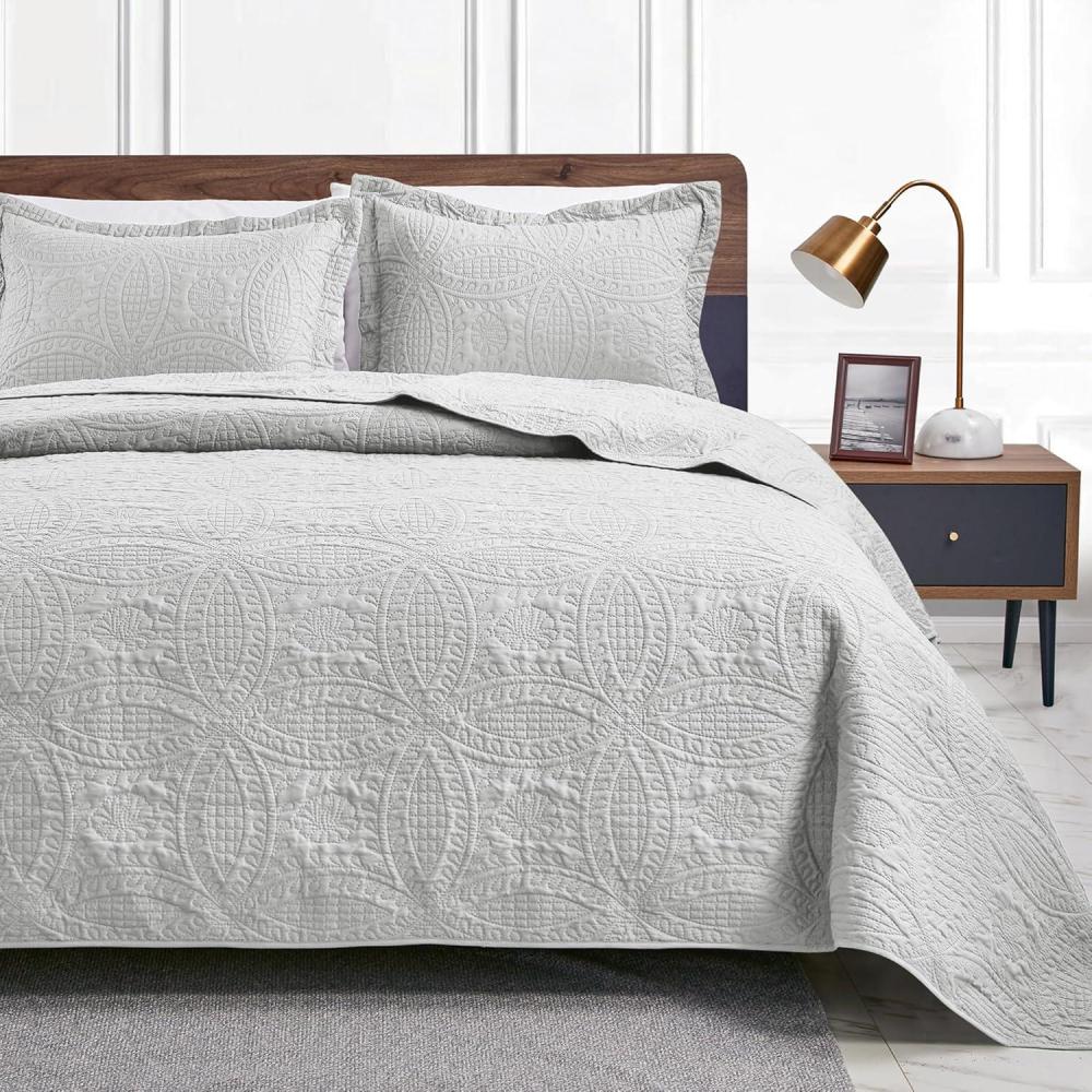 imageLoves cabin Quilts for Queen Bed Olive Green Bedspreads  Soft Bed Summer Lightweight Bedspread Comforter  Modern Style Coin Pattern Coverlet for All Season  3 Pieces 1 Quilt 2 Pillow ShamsCoin Pattern Light Grey