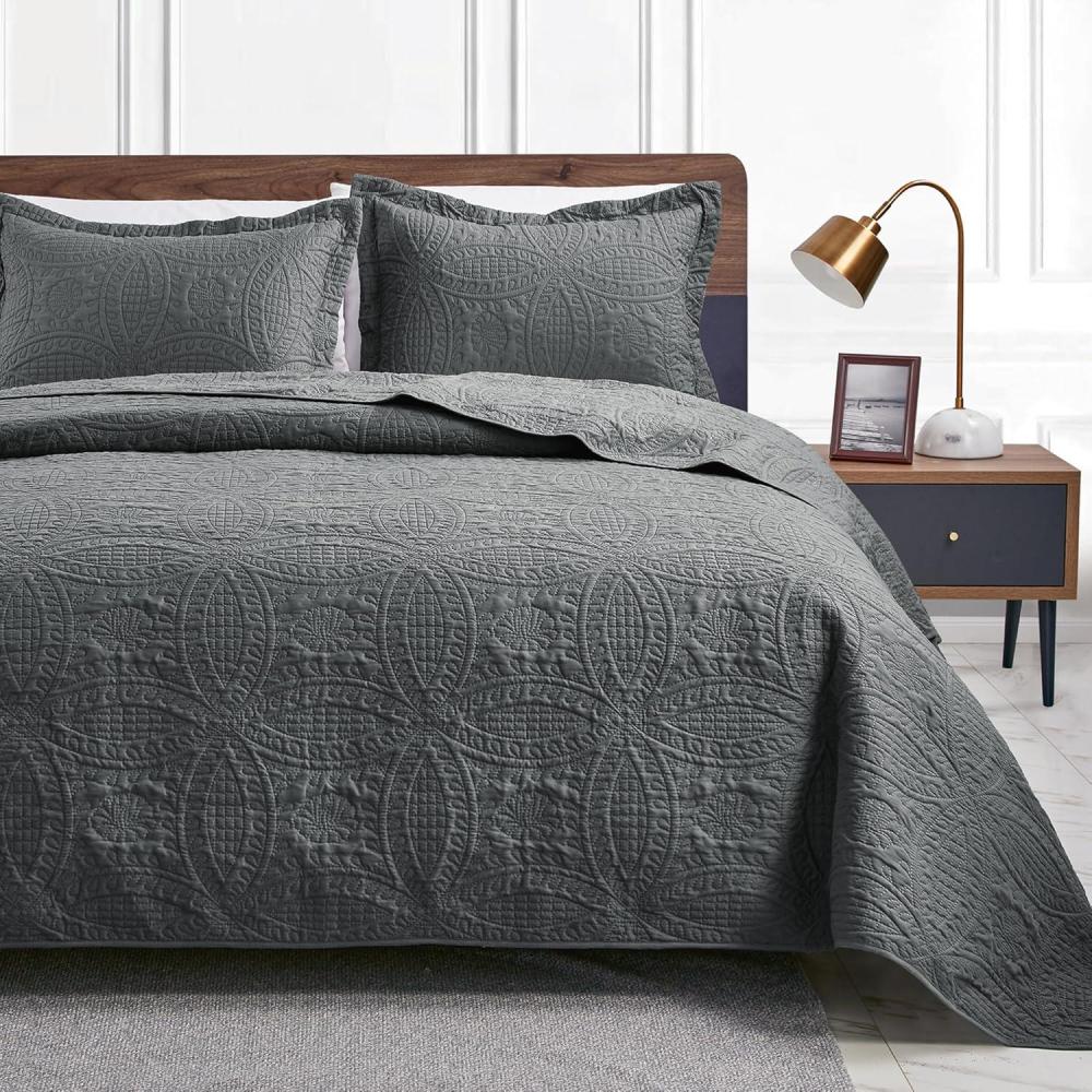 imageLoves cabin Quilts for Queen Bed Olive Green Bedspreads  Soft Bed Summer Lightweight Bedspread Comforter  Modern Style Coin Pattern Coverlet for All Season  3 Pieces 1 Quilt 2 Pillow ShamsCoin Pattern Dark Grey