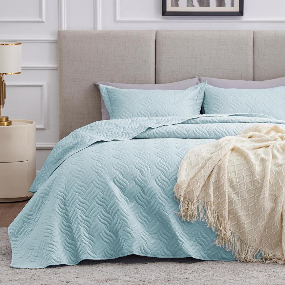imageLoves cabin Quilts for Queen Bed Olive Green Bedspreads  Soft Bed Summer Lightweight Bedspread Comforter  Modern Style Coin Pattern Coverlet for All Season  3 Pieces 1 Quilt 2 Pillow ShamsWave Light Blue