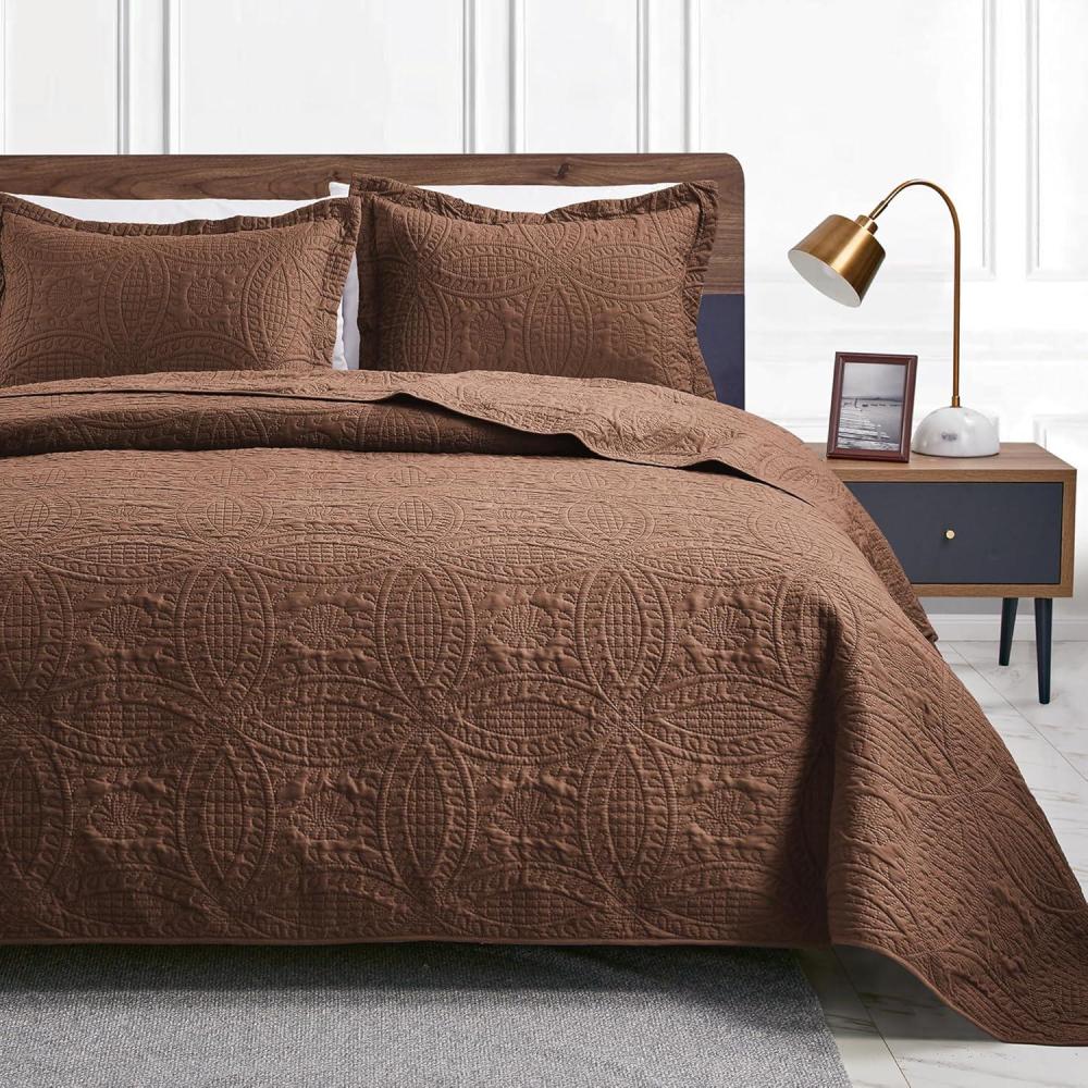imageLoves cabin Quilts for Queen Bed Olive Green Bedspreads  Soft Bed Summer Lightweight Bedspread Comforter  Modern Style Coin Pattern Coverlet for All Season  3 Pieces 1 Quilt 2 Pillow ShamsCoin Pattern Brown