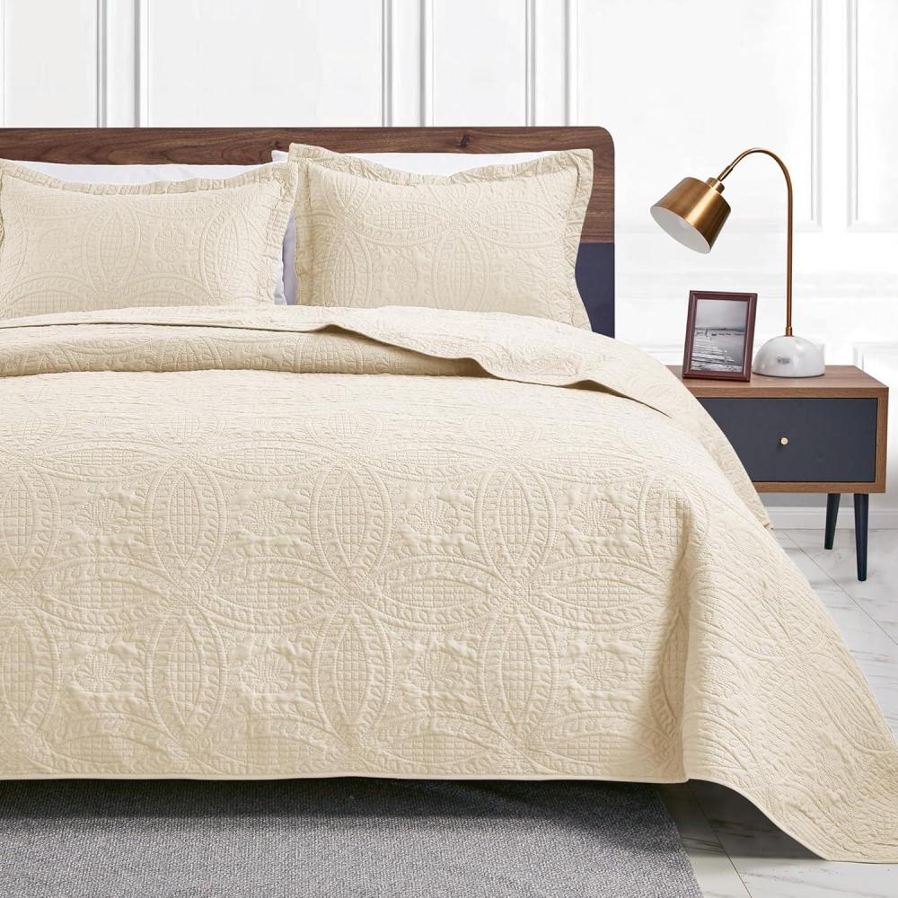 imageLoves cabin Quilts for Queen Bed Olive Green Bedspreads  Soft Bed Summer Lightweight Bedspread Comforter  Modern Style Coin Pattern Coverlet for All Season  3 Pieces 1 Quilt 2 Pillow ShamsCoin Yellowish Beige