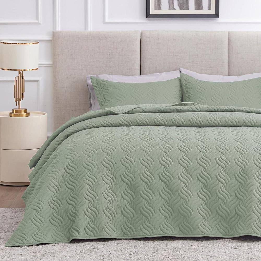 imageLoves cabin Quilts for Queen Bed Olive Green Bedspreads  Soft Bed Summer Lightweight Bedspread Comforter  Modern Style Coin Pattern Coverlet for All Season  3 Pieces 1 Quilt 2 Pillow ShamsWave Pattern Sage