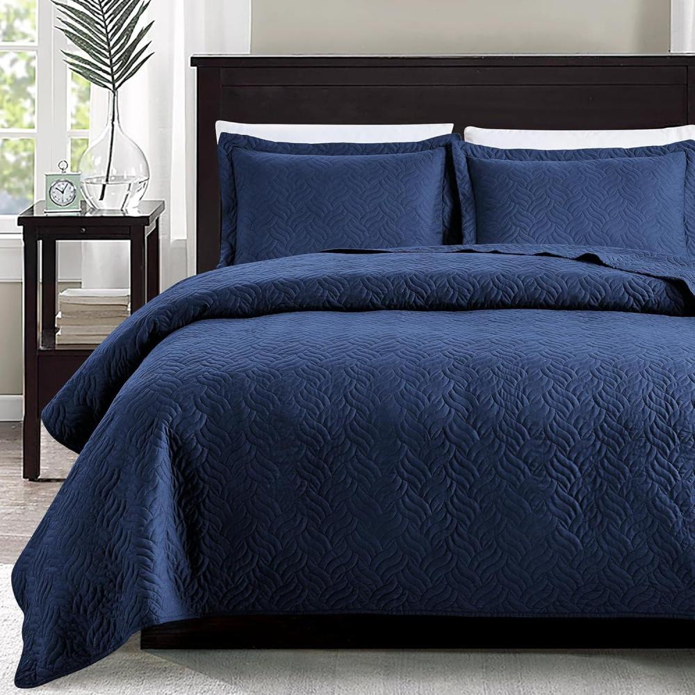 imageLoves cabin Quilts for Queen Bed Olive Green Bedspreads  Soft Bed Summer Lightweight Bedspread Comforter  Modern Style Coin Pattern Coverlet for All Season  3 Pieces 1 Quilt 2 Pillow ShamsWave Pattern Navy