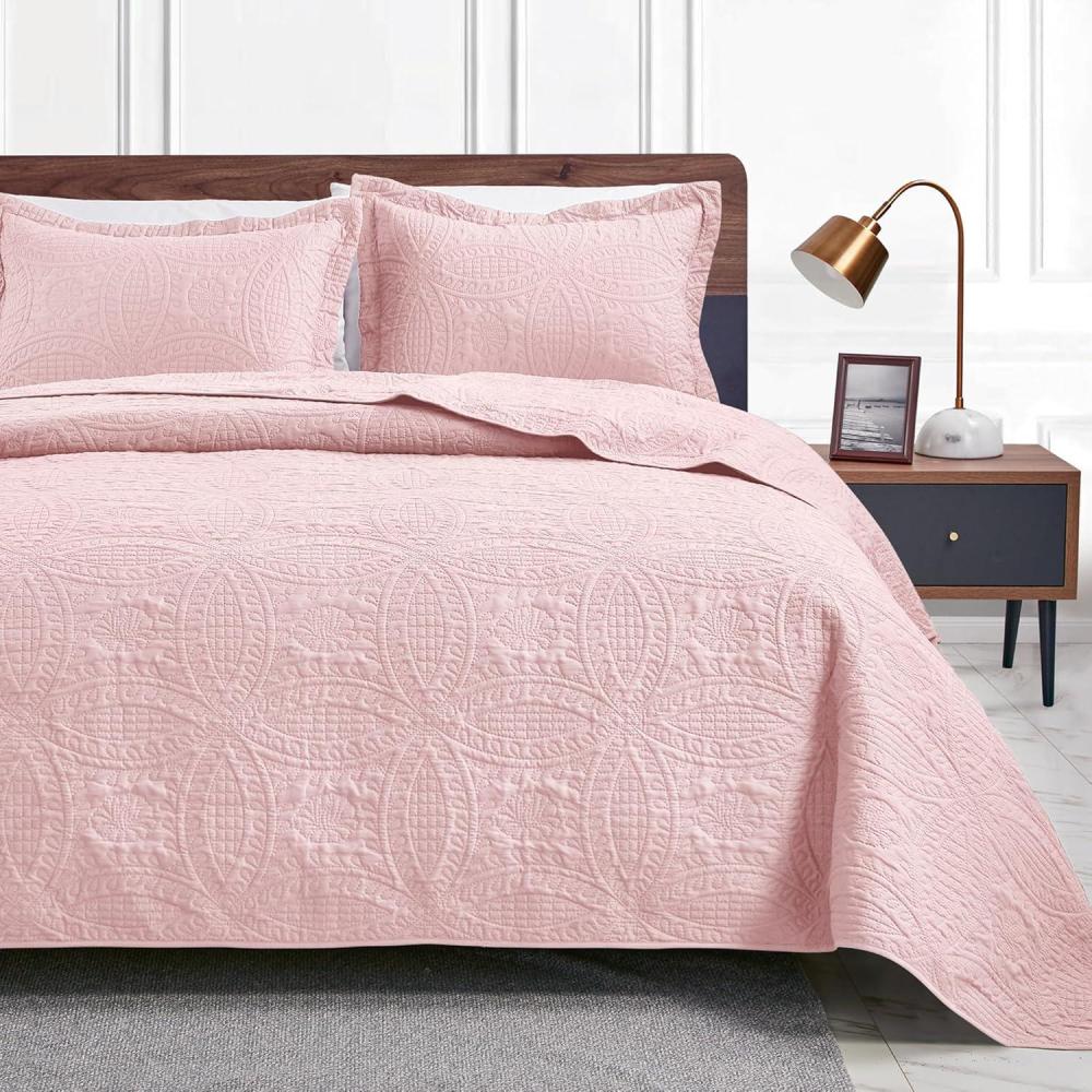 imageLoves cabin Quilts for Queen Bed Olive Green Bedspreads  Soft Bed Summer Lightweight Bedspread Comforter  Modern Style Coin Pattern Coverlet for All Season  3 Pieces 1 Quilt 2 Pillow ShamsCoin Pattern Pink