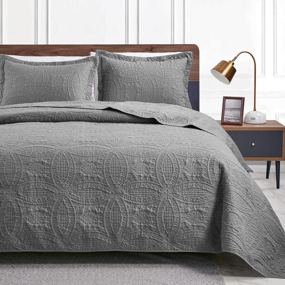 imageLoves cabin Quilts for Queen Bed Olive Green Bedspreads  Soft Bed Summer Lightweight Bedspread Comforter  Modern Style Coin Pattern Coverlet for All Season  3 Pieces 1 Quilt 2 Pillow ShamsCoin Pattern Grey