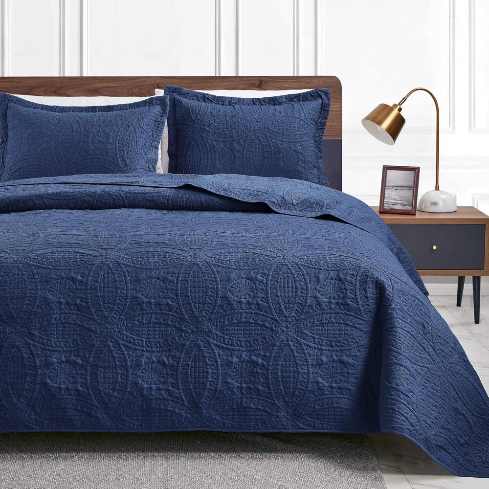 imageLoves cabin Quilts for Queen Bed Olive Green Bedspreads  Soft Bed Summer Lightweight Bedspread Comforter  Modern Style Coin Pattern Coverlet for All Season  3 Pieces 1 Quilt 2 Pillow ShamsCoin Pattern Navy