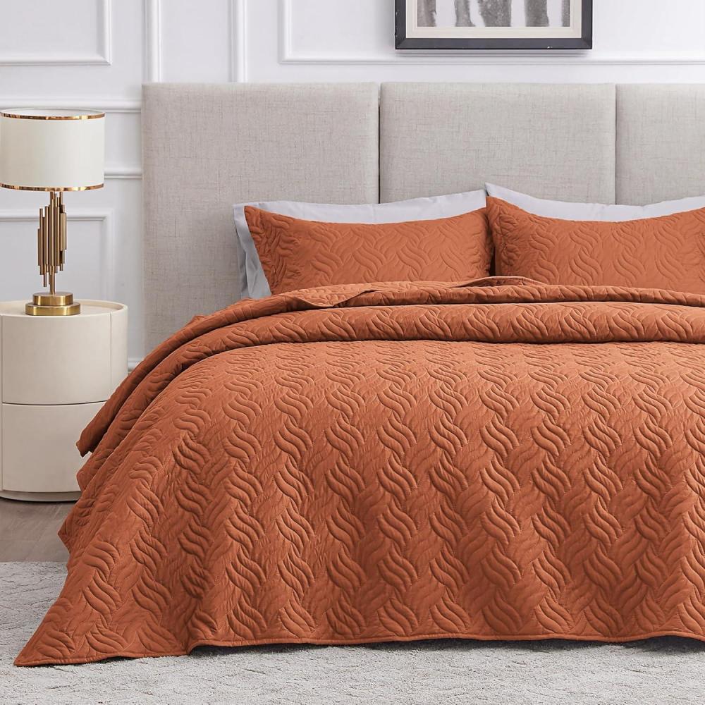 imageLoves cabin Quilts for Queen Bed Olive Green Bedspreads  Soft Bed Summer Lightweight Bedspread Comforter  Modern Style Coin Pattern Coverlet for All Season  3 Pieces 1 Quilt 2 Pillow ShamsWave Pattern Umber