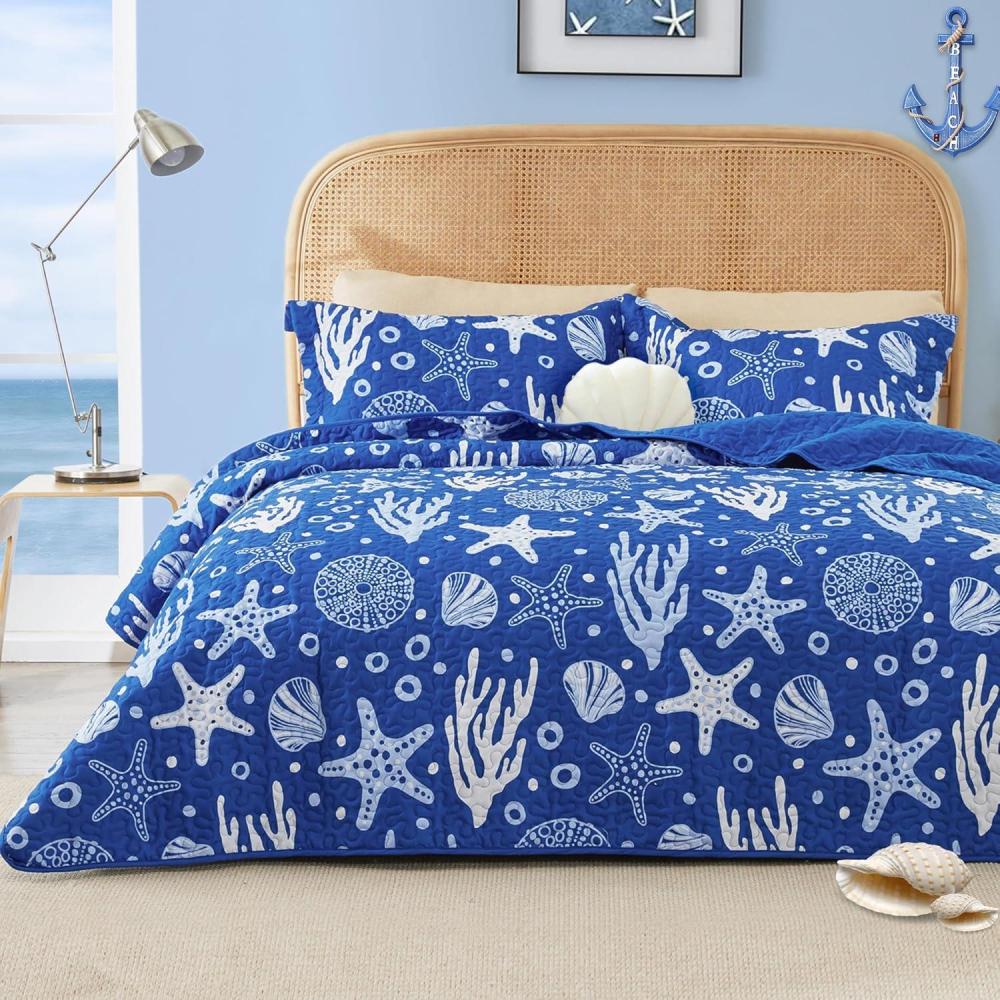 imageLoves cabin Quilts for Queen Coastal White Bedspreads Bedding Set  Summer Beach Nautical Quilt Lightweight Bedspread  Reversible Bedding Coverlet for All Season  3 Piece 1 Quilt 2 Pillow ShamsCoastal Blue