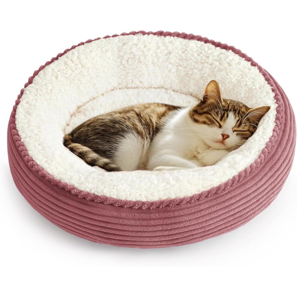 imageLoves cabin Round Donut Cat and Dog Cushion Bed 20in Pet Bed for Cats or Small Dogs AntiSlip ampamp WaterResistant Bottom Super Soft Durable Fabric Pet beds Washable Luxury Cat ampamp Dog Bed CamelDusty Rose Stripe