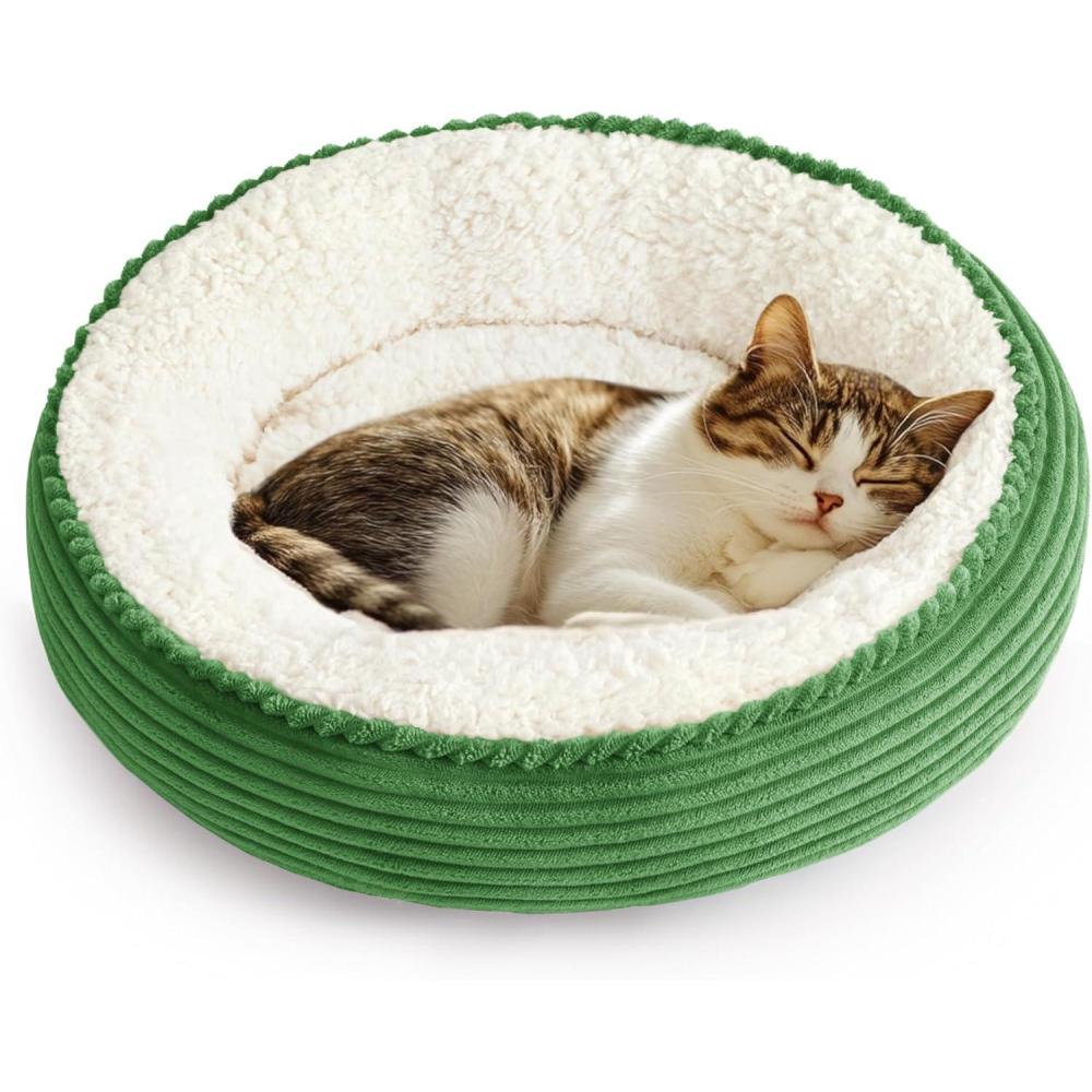 imageLoves cabin Round Donut Cat and Dog Cushion Bed 20in Pet Bed for Cats or Small Dogs AntiSlip ampamp WaterResistant Bottom Super Soft Durable Fabric Pet beds Washable Luxury Cat ampamp Dog Bed CamelGreen Stripe