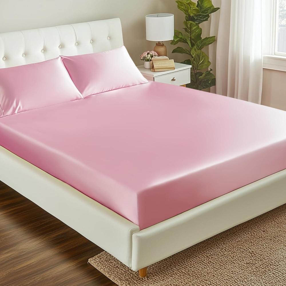 imageLoves cabin Satin Fitted Sheet Twin Size  Pink Silky Bed Fitted Sheet Only with Deep Pocket Luxury Soft NonFading Silk Feel Single Bottom Satin Bed SheetPink