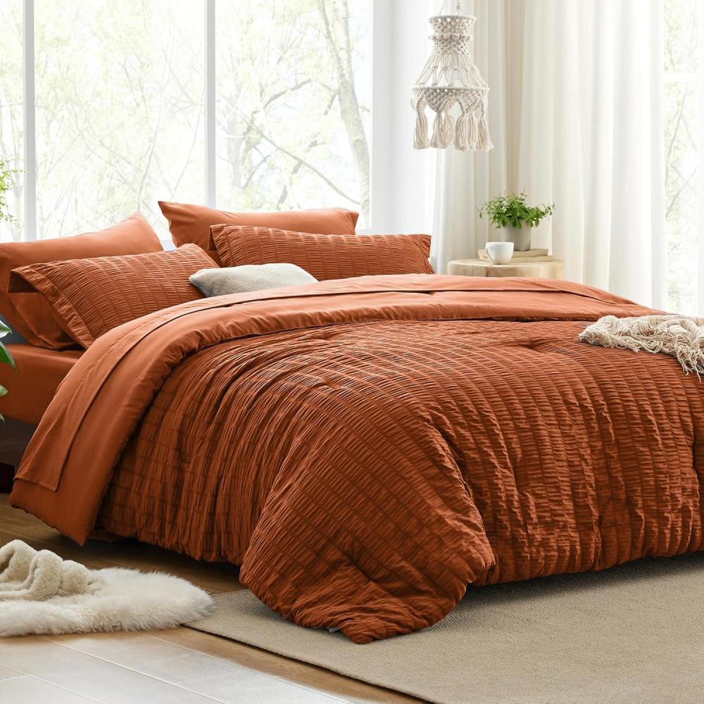 imageLoves cabin Seersucker Dark Grey Queen Comforter Set 7 Pieces All Season Bedding Set Queen Bed in a Bag Comforter Set with Comforter Flat Sheet Fitted Sheet Pillowcase and Pillow ShamTerracotta