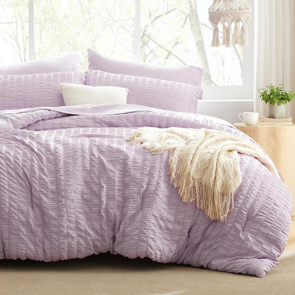imageLoves cabin Seersucker Dark Grey Queen Comforter Set 7 Pieces All Season Bedding Set Queen Bed in a Bag Comforter Set with Comforter Flat Sheet Fitted Sheet Pillowcase and Pillow ShamLavender