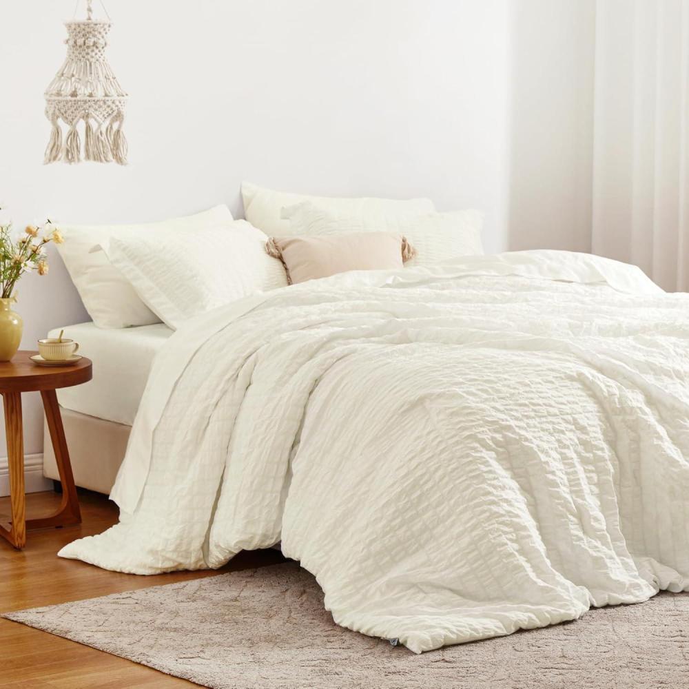 imageLoves cabin Seersucker Dark Grey Queen Comforter Set 7 Pieces All Season Bedding Set Queen Bed in a Bag Comforter Set with Comforter Flat Sheet Fitted Sheet Pillowcase and Pillow ShamIvory