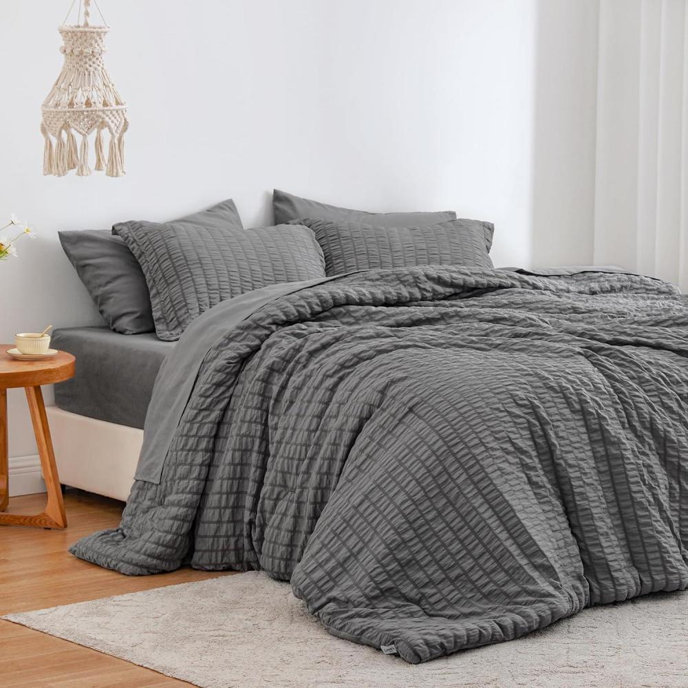 imageLoves cabin Seersucker Dark Grey Queen Comforter Set 7 Pieces All Season Bedding Set Queen Bed in a Bag Comforter Set with Comforter Flat Sheet Fitted Sheet Pillowcase and Pillow ShamDark Grey