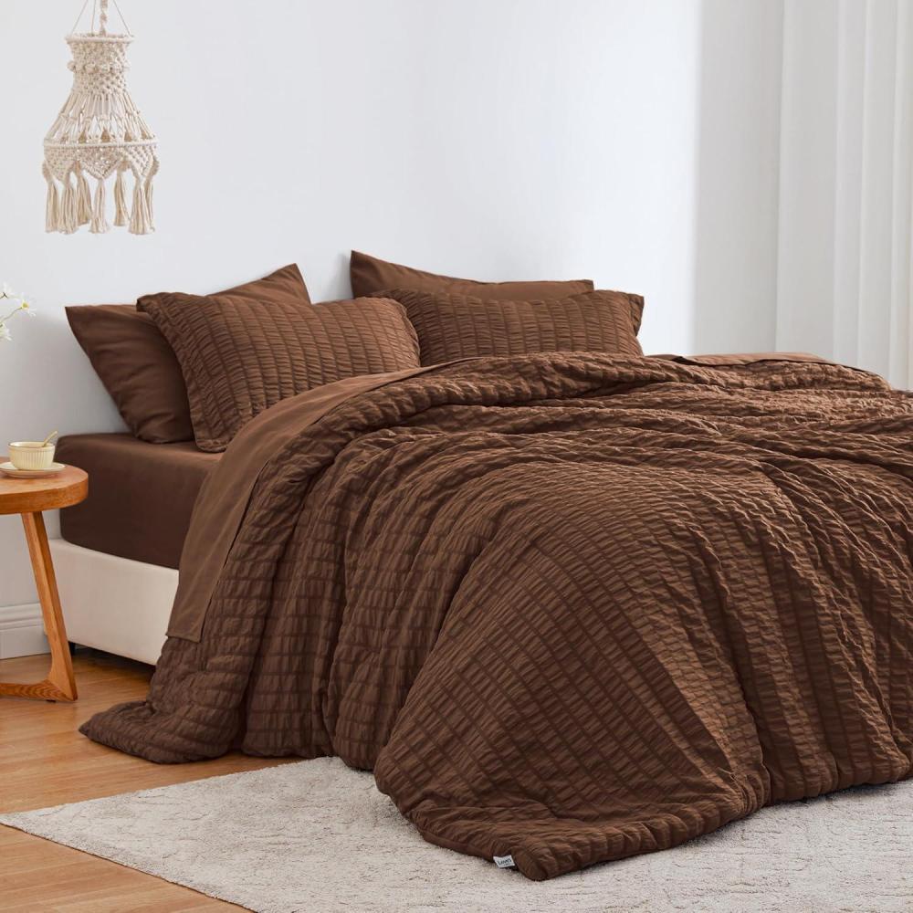 imageLoves cabin Seersucker Dark Grey Queen Comforter Set 7 Pieces All Season Bedding Set Queen Bed in a Bag Comforter Set with Comforter Flat Sheet Fitted Sheet Pillowcase and Pillow ShamBrown