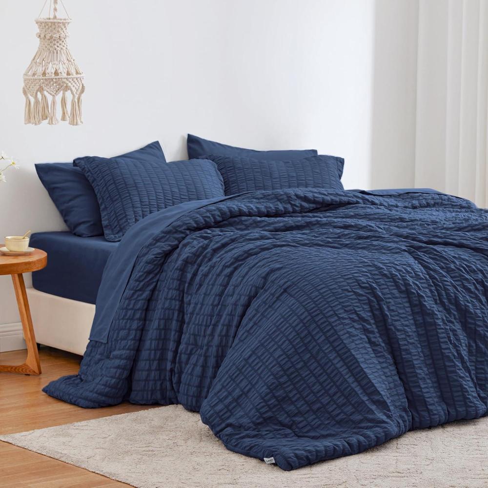 imageLoves cabin Seersucker Dark Grey Queen Comforter Set 7 Pieces All Season Bedding Set Queen Bed in a Bag Comforter Set with Comforter Flat Sheet Fitted Sheet Pillowcase and Pillow ShamDark Blue