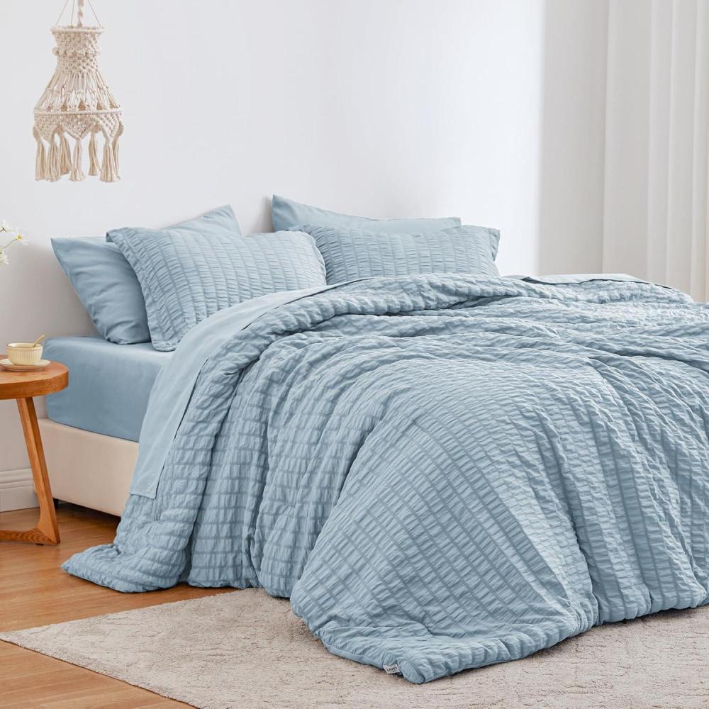 imageLoves cabin Seersucker Dark Grey Queen Comforter Set 7 Pieces All Season Bedding Set Queen Bed in a Bag Comforter Set with Comforter Flat Sheet Fitted Sheet Pillowcase and Pillow ShamLight Blue