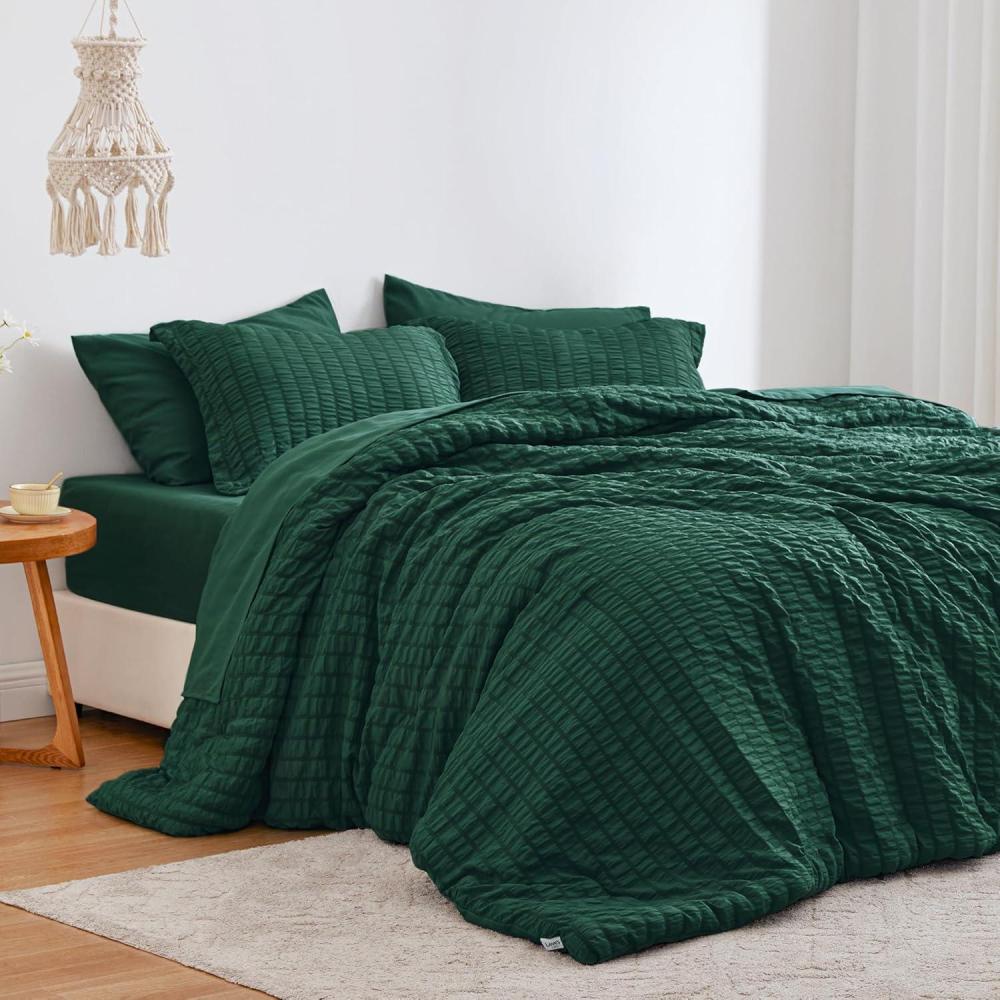 imageLoves cabin Seersucker Dark Grey Queen Comforter Set 7 Pieces All Season Bedding Set Queen Bed in a Bag Comforter Set with Comforter Flat Sheet Fitted Sheet Pillowcase and Pillow ShamDark Green