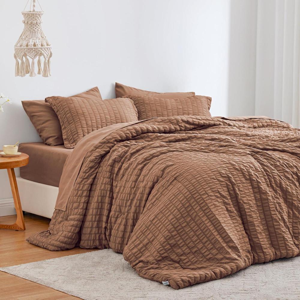 imageLoves cabin Seersucker Dark Grey Queen Comforter Set 7 Pieces All Season Bedding Set Queen Bed in a Bag Comforter Set with Comforter Flat Sheet Fitted Sheet Pillowcase and Pillow ShamMocha Mousse