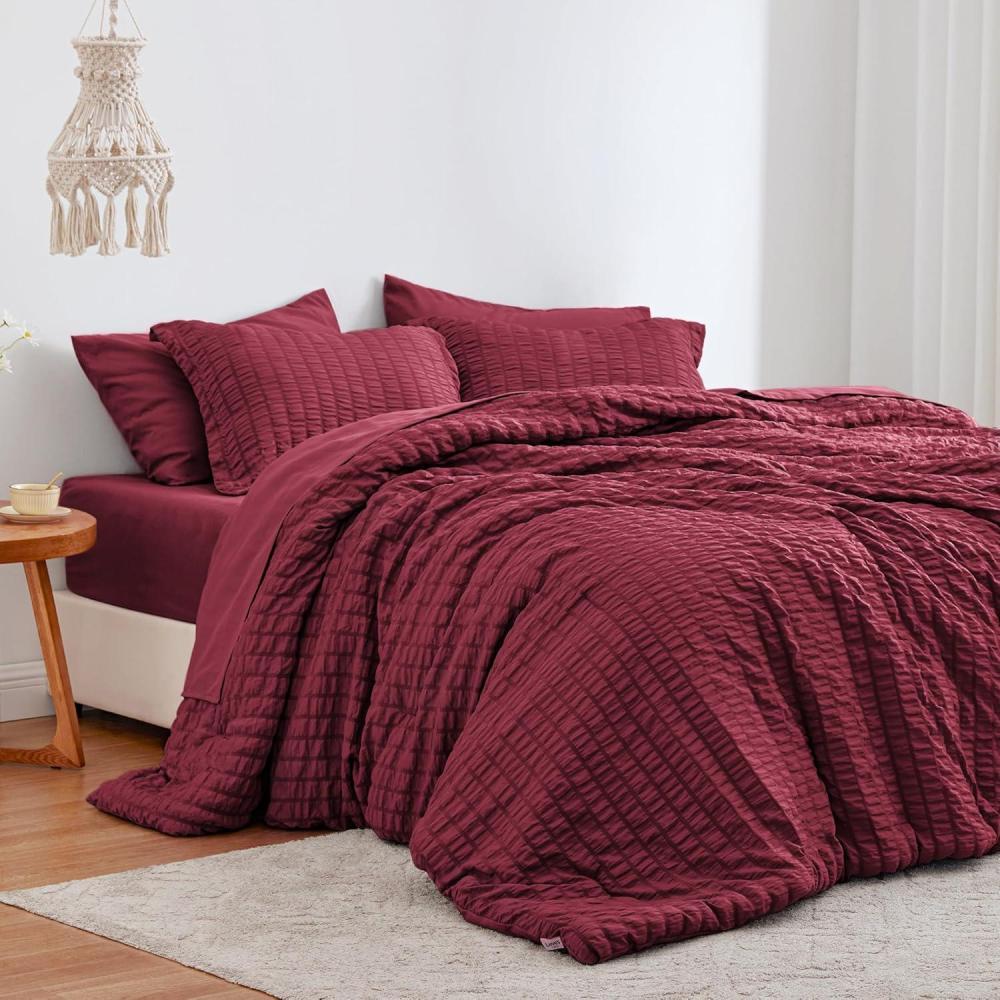 imageLoves cabin Seersucker Dark Grey Queen Comforter Set 7 Pieces All Season Bedding Set Queen Bed in a Bag Comforter Set with Comforter Flat Sheet Fitted Sheet Pillowcase and Pillow ShamBurgundy