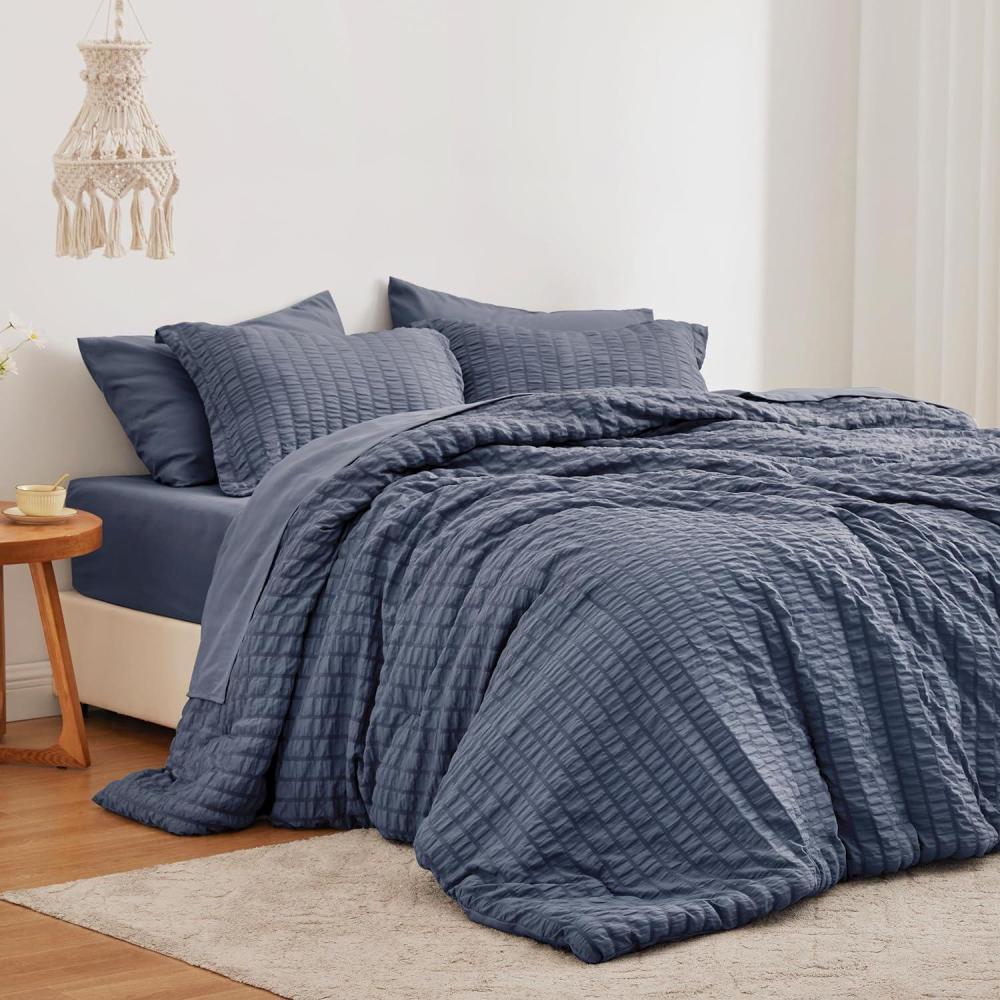 imageLoves cabin Seersucker Dark Grey Queen Comforter Set 7 Pieces All Season Bedding Set Queen Bed in a Bag Comforter Set with Comforter Flat Sheet Fitted Sheet Pillowcase and Pillow ShamNavy Blue