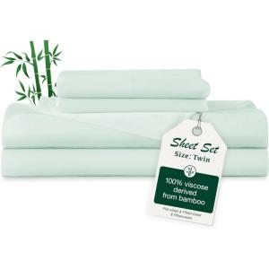 Love’s cabin 3 Piece Twin Sheet Set, Cooling Sheets, 100% Rayon Derived from Bamboo, Breathable & Soft Twin Size Bed Set, Deep Pocket Up to 16″, Hotel Luxury Silky Bedding Sheets, White(05-sea Glass)